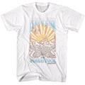 White Woodstock t-shirt featuring a Peace and Music Landscape design