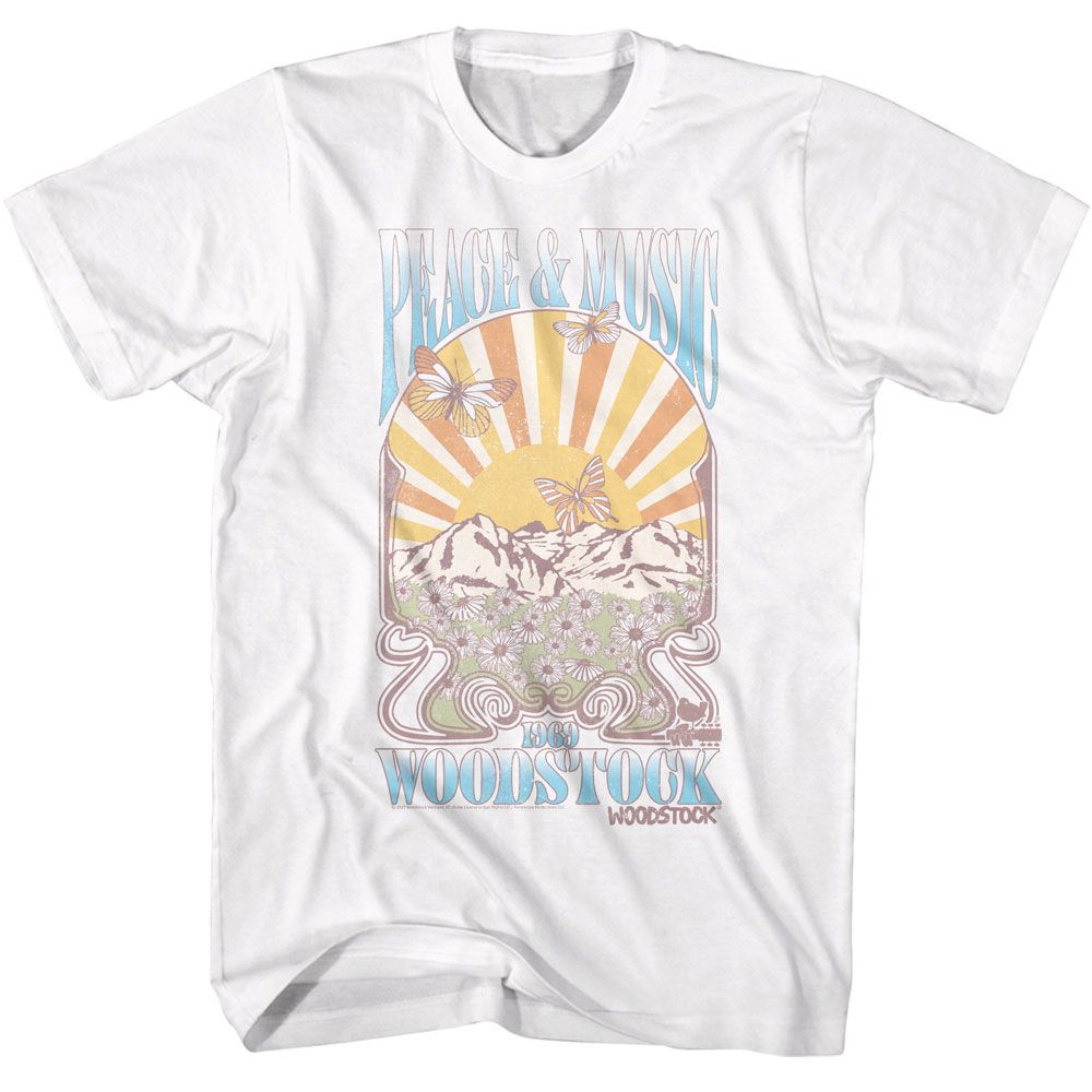 White Woodstock t-shirt featuring a Peace and Music Landscape design