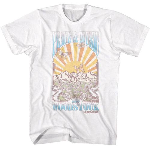 White Woodstock t-shirt featuring a Peace and Music Landscape design
