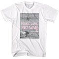 White Woodstock t-shirt featuring a Make Love Not War Poster design