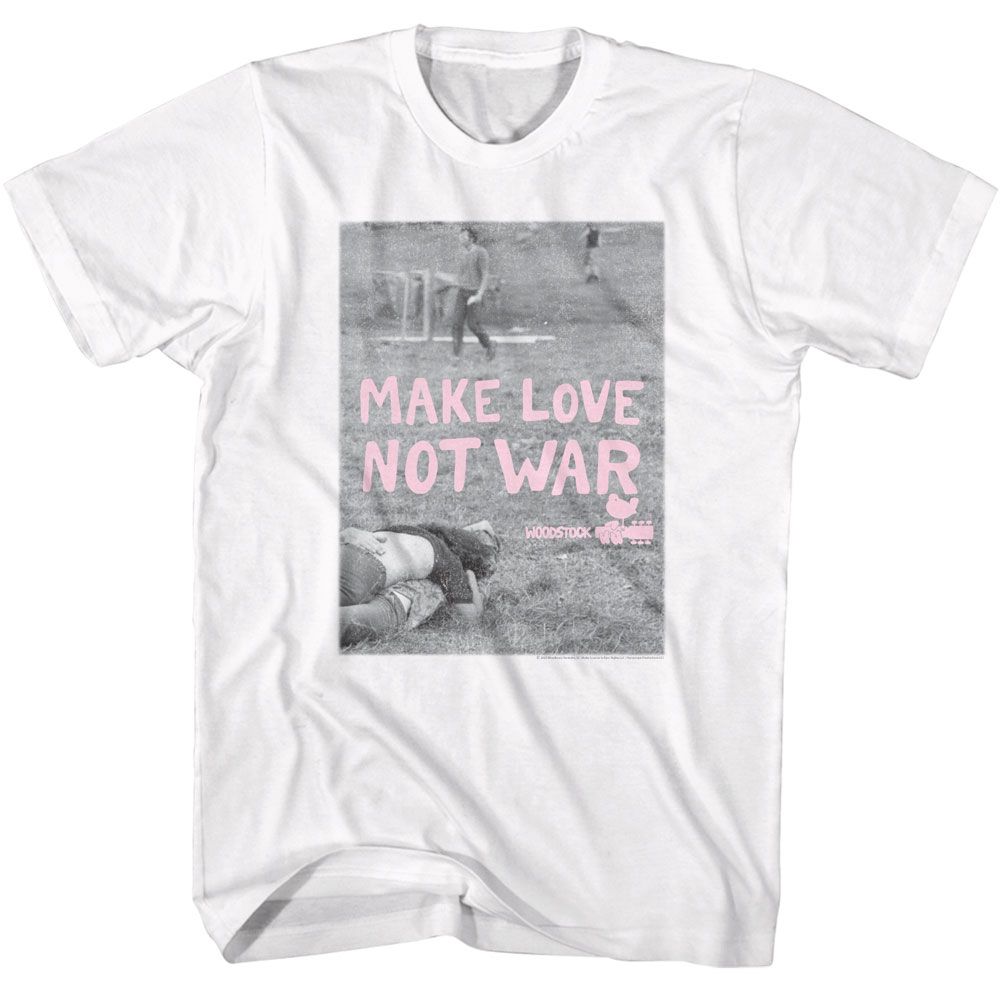White Woodstock t-shirt featuring a Make Love Not War Poster design