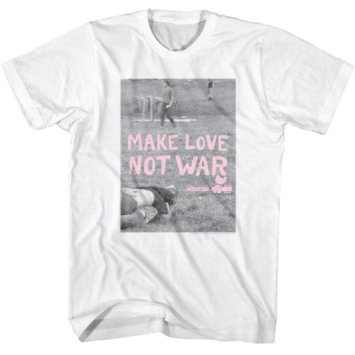 White Woodstock t-shirt featuring a Make Love Not War Poster design