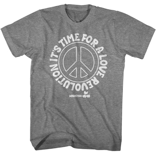 Graphite Woodstock t-shirt featuring a Love Revolution design