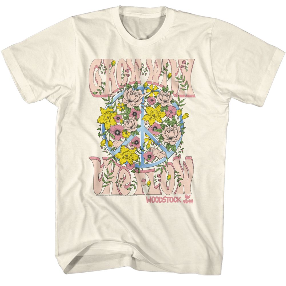 Natural Woodstock t-shirt featuring a Grow with the Flow design