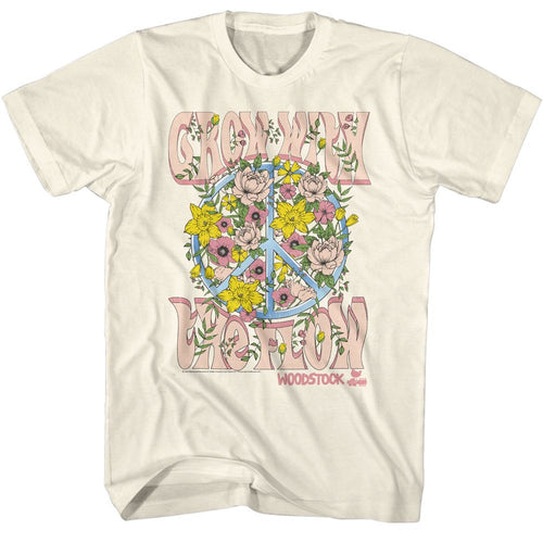 Natural Woodstock t-shirt featuring a Grow with the Flow design