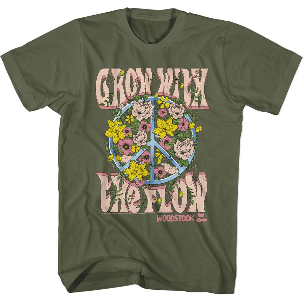 Military Green Woodstock t-shirt featuring a Grow with the Flow Bloom design