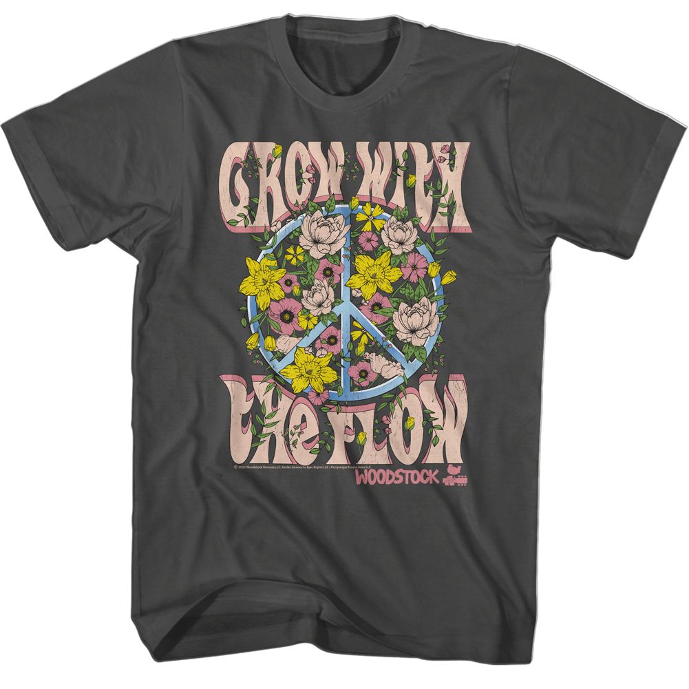 Smoke Woodstock t-shirt featuring a Grow with the Flow Peace design