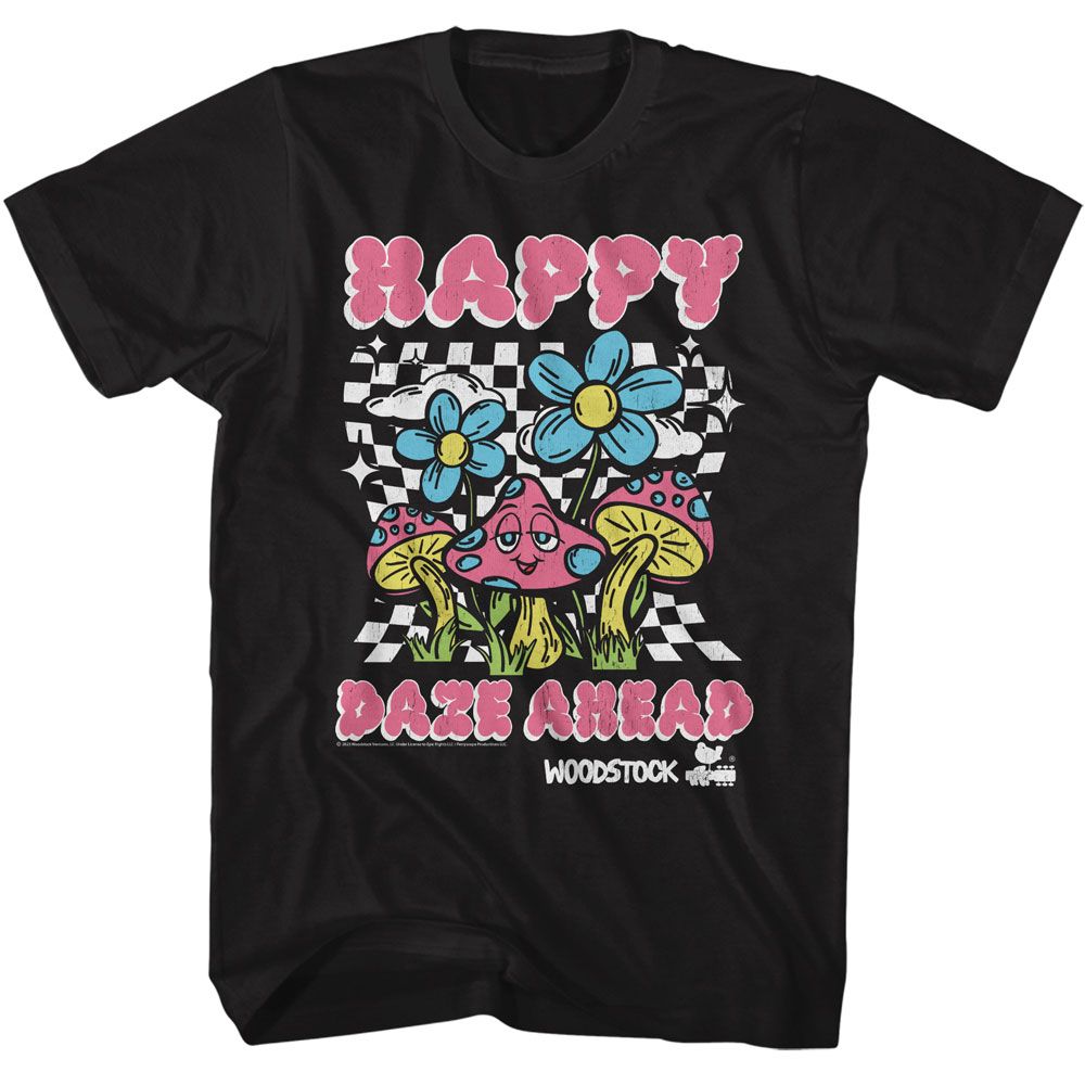 Black Woodstock t-shirt featuring a Happy Daze Ahead design