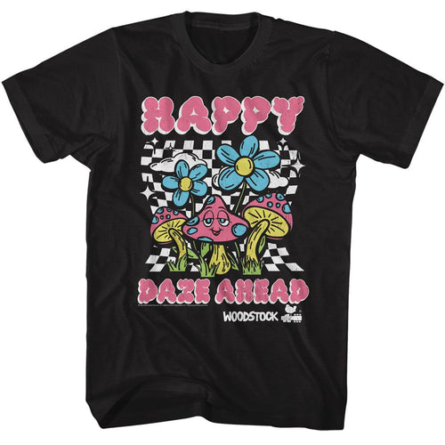 Black Woodstock t-shirt featuring a Happy Daze Ahead design