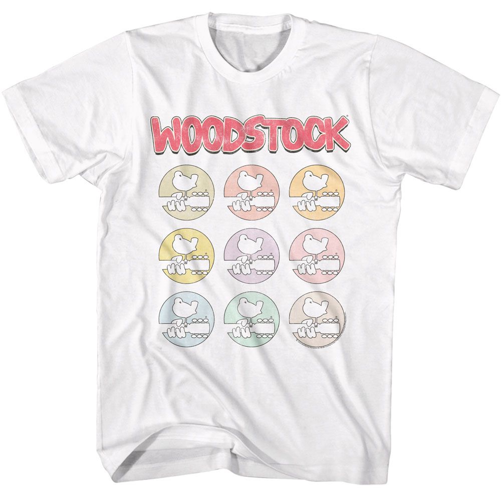 White Woodstock t-shirt featuring a Multicolor Icons design