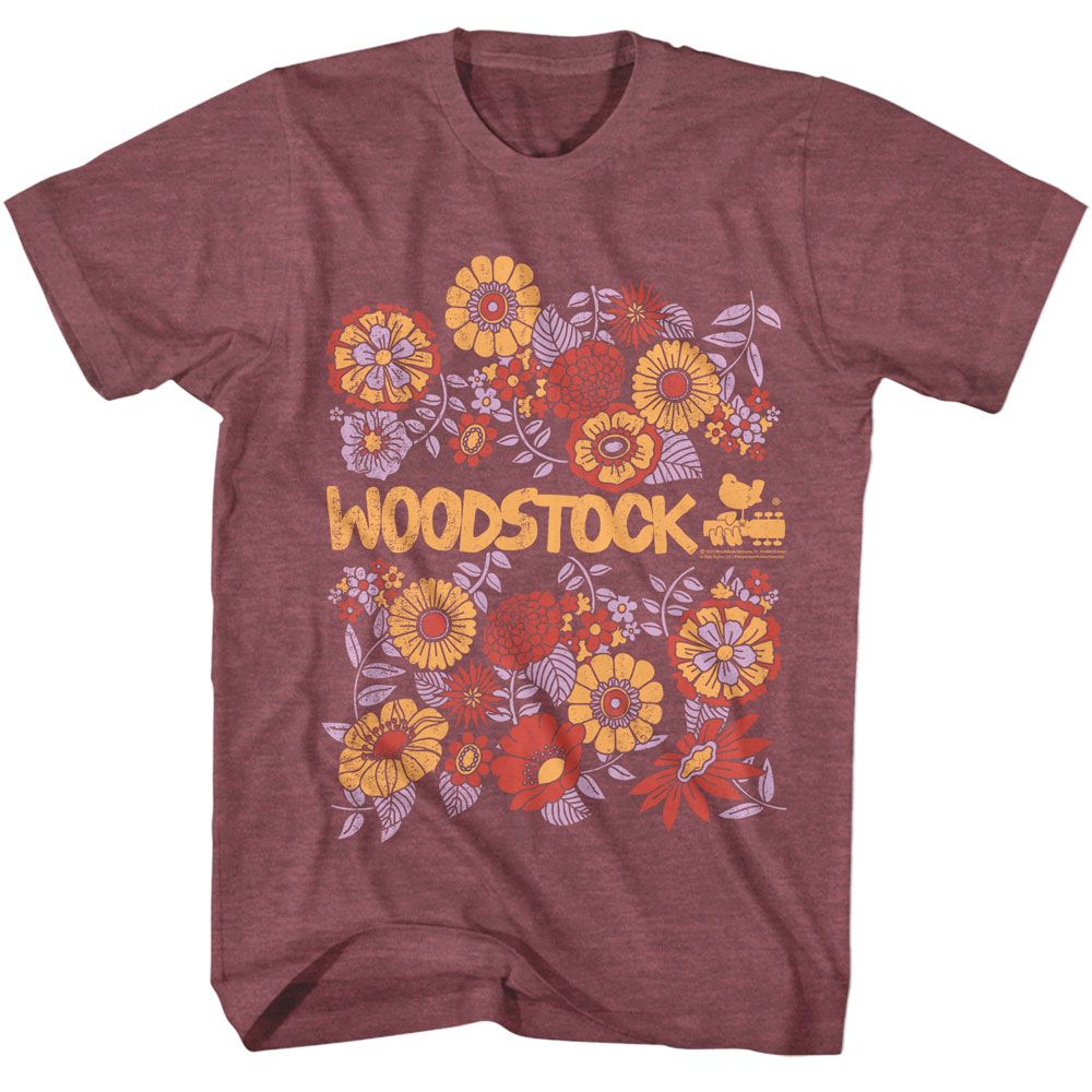 Vintage Maroon Woodstock t-shirt featuring a Floral design