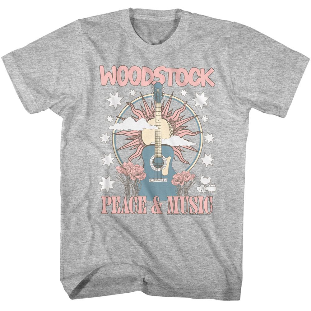 Heather Gray Woodstock t-shirt featuring a Guitar and Sun design