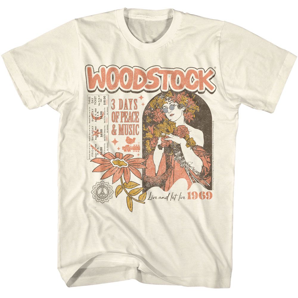 Natural Woodstock t-shirt featuring a Hippie Flower Girl design