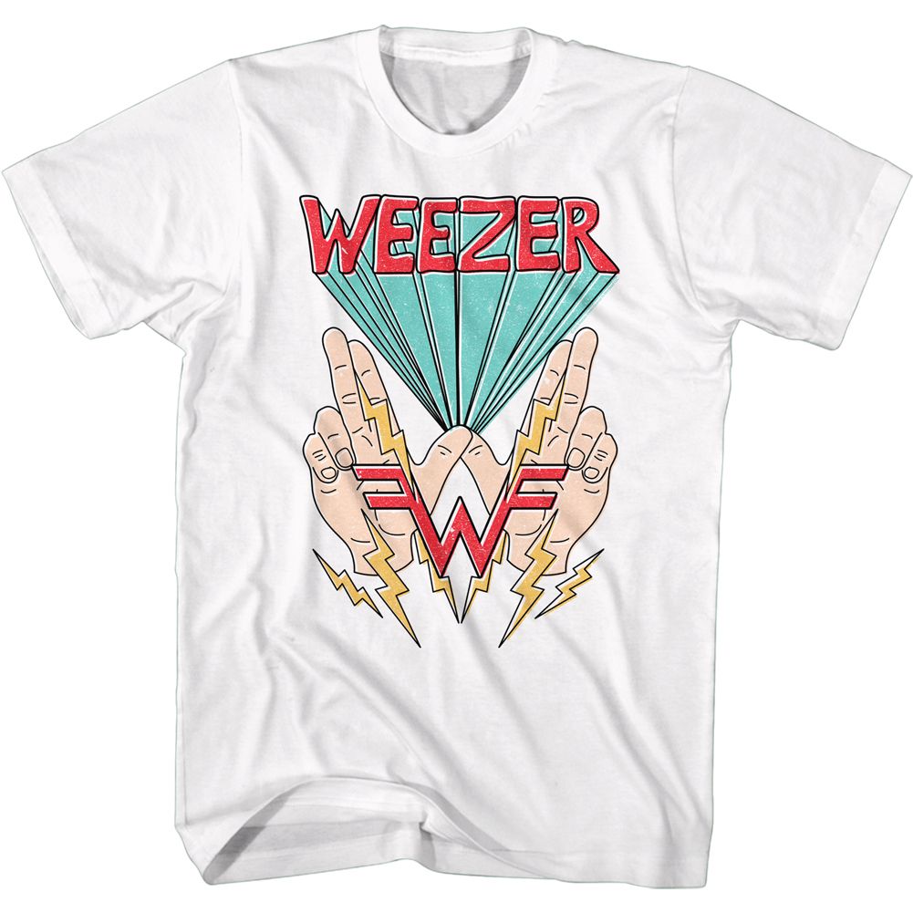 White Weezer t-shirt featuring a W Hands and Lightning design