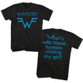 Black Weezer t-shirt featuring a Blue Logo and Lyrics design