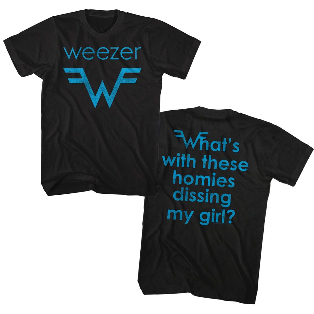 Black Weezer t-shirt featuring a Blue Logo and Lyrics design