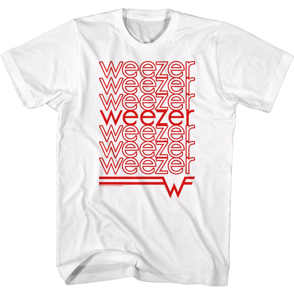 White Weezer t-shirt featuring a Repeating Logo design
