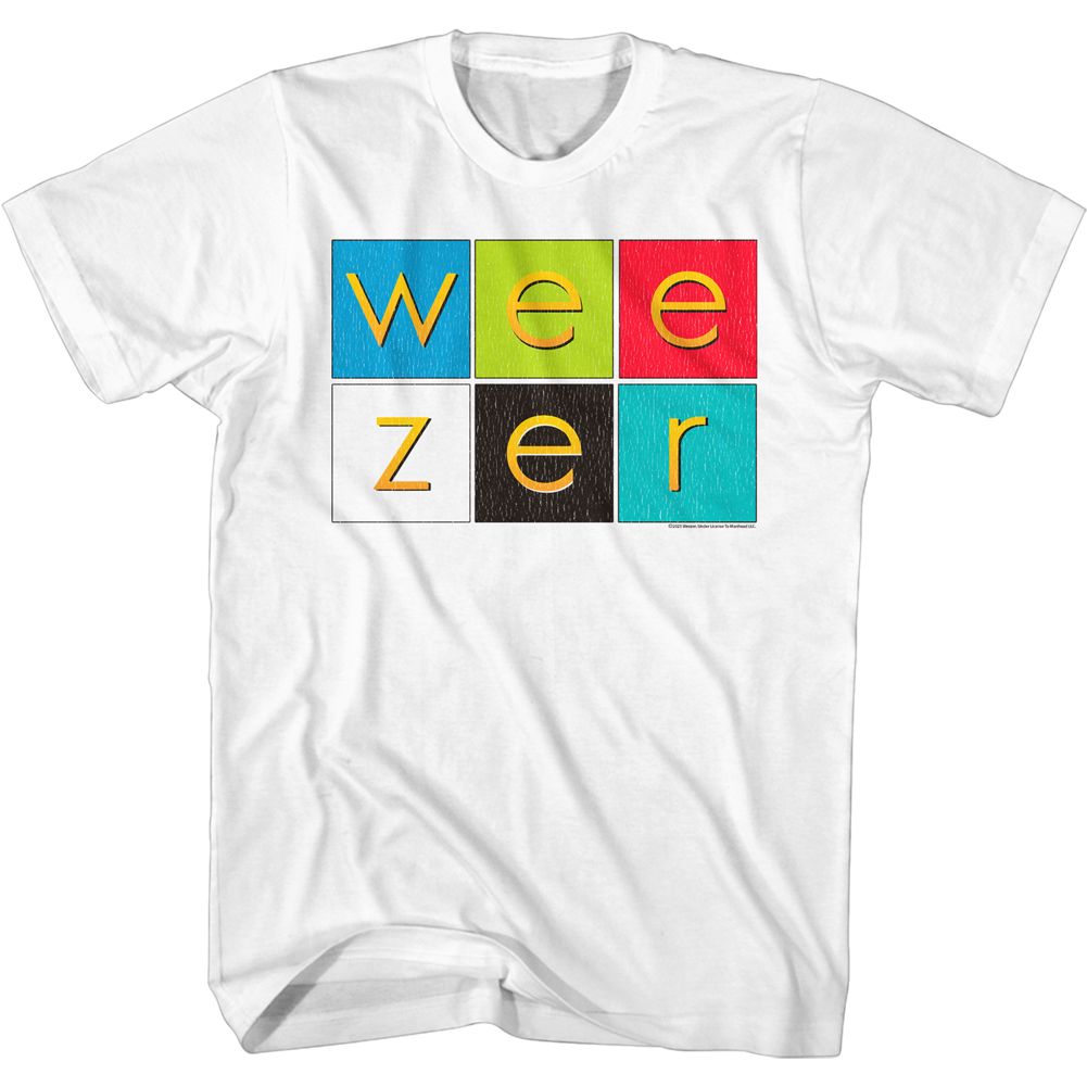 White Weezer t-shirt featuring a Album Color Squares design