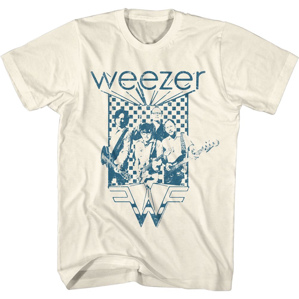 Natural Weezer t-shirt featuring a Blue Checkered Box design