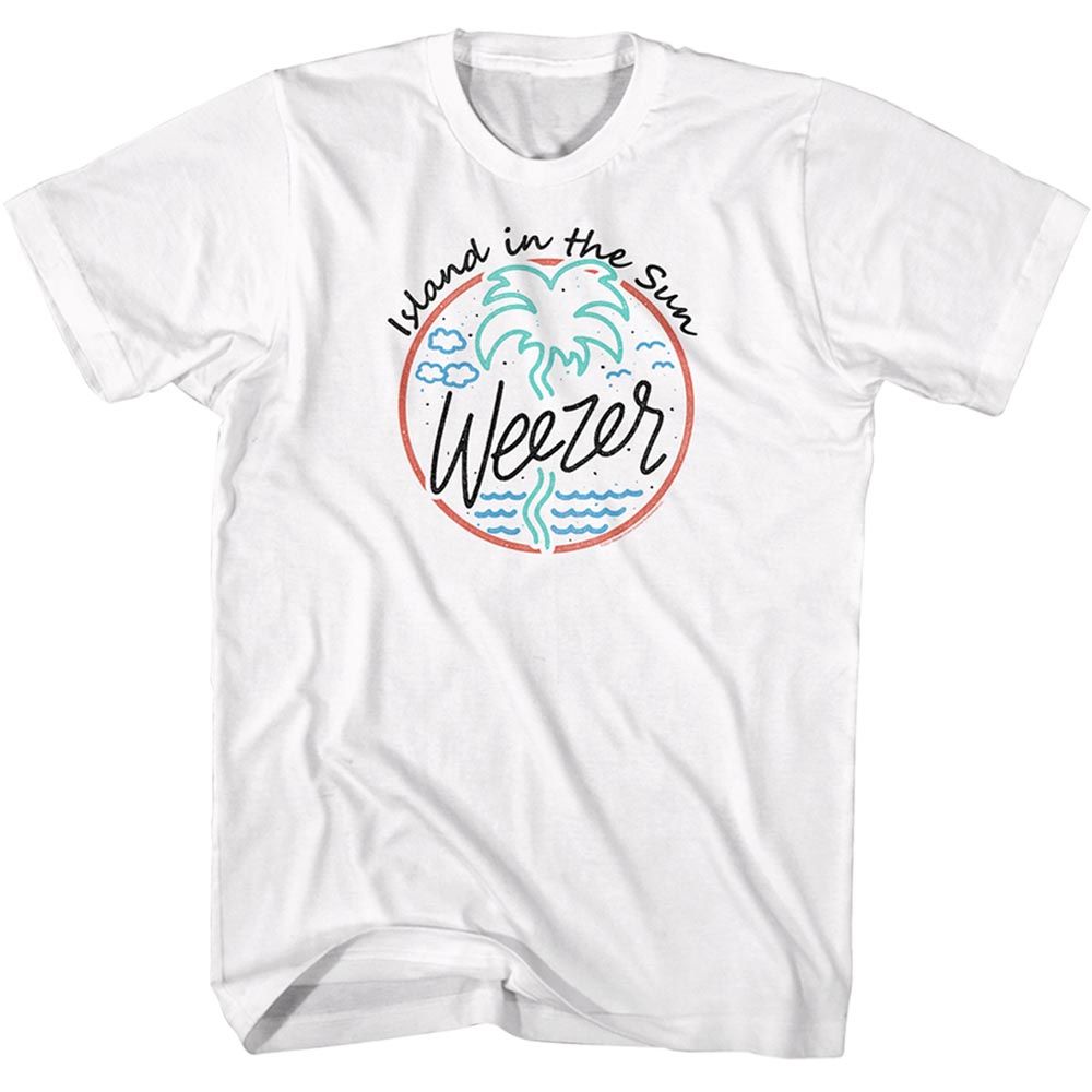 White Weezer t-shirt featuring a Island in the Sun design