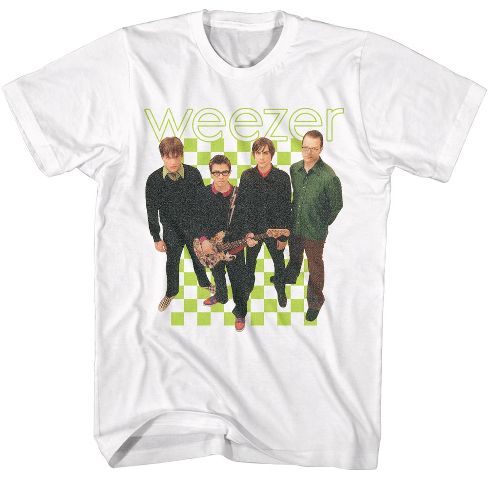 White Weezer t-shirt featuring a 2001 Lineup design