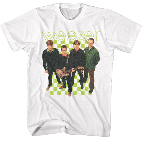 White Weezer t-shirt featuring a 2001 Lineup design