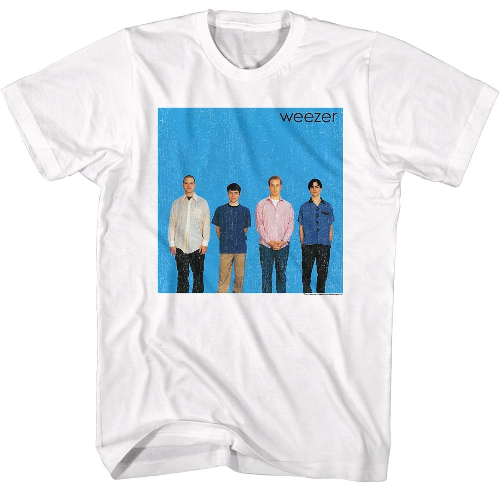 White Weezer t-shirt featuring a Debut Album design