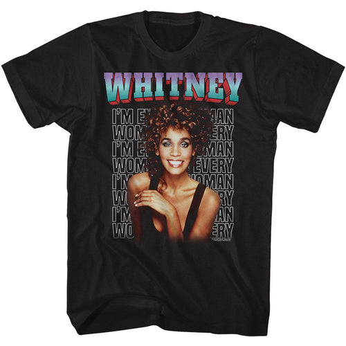 Black Whitney Houston t-shirt featuring a Every Woman Stacked design
