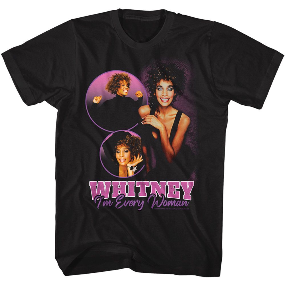 Black Whitney Houston t-shirt featuring a I'm Every Woman Collage design