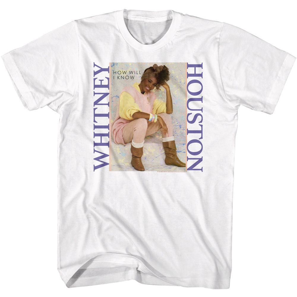 White Whitney Houston t-shirt featuring a How Will I Know Pastel design
