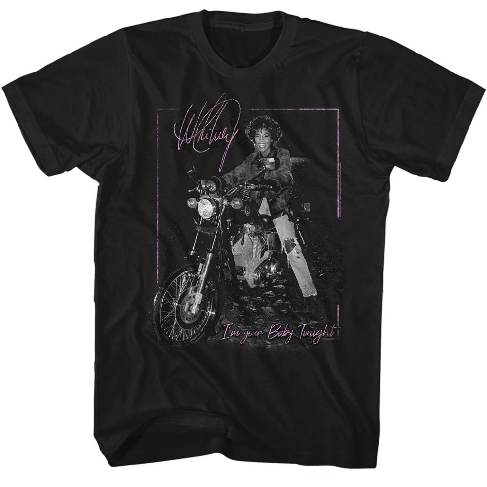 Black Whitney Houston t-shirt featuring a Motorcycle design