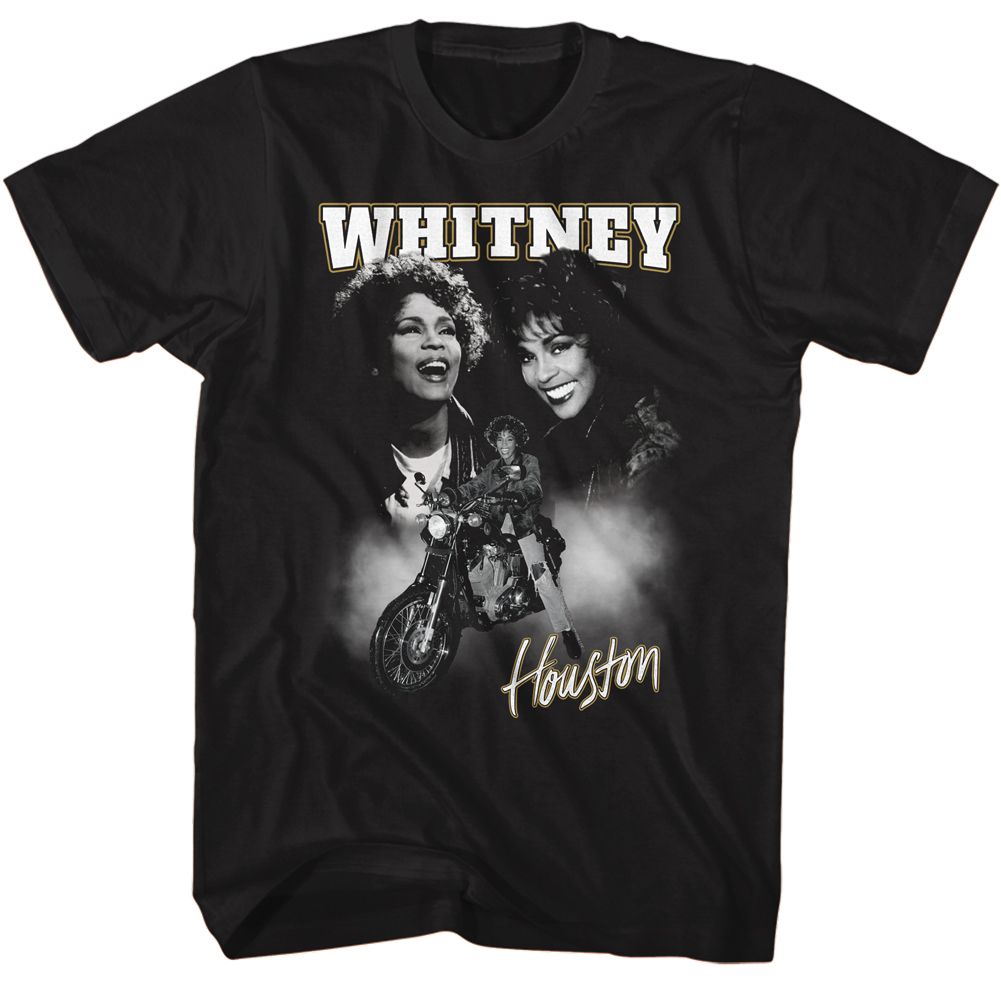 Black Whitney Houston t-shirt featuring a Motorcycle Collage design