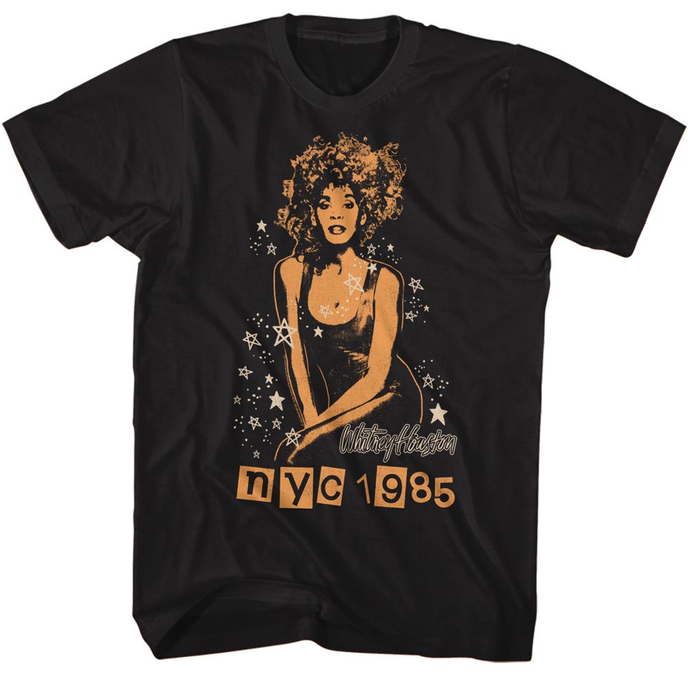 Black Whitney Houston t-shirt featuring a NYC 1985 design