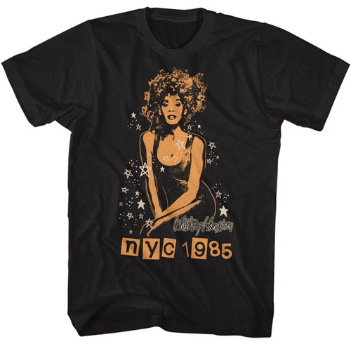 Black Whitney Houston t-shirt featuring a NYC 1985 design