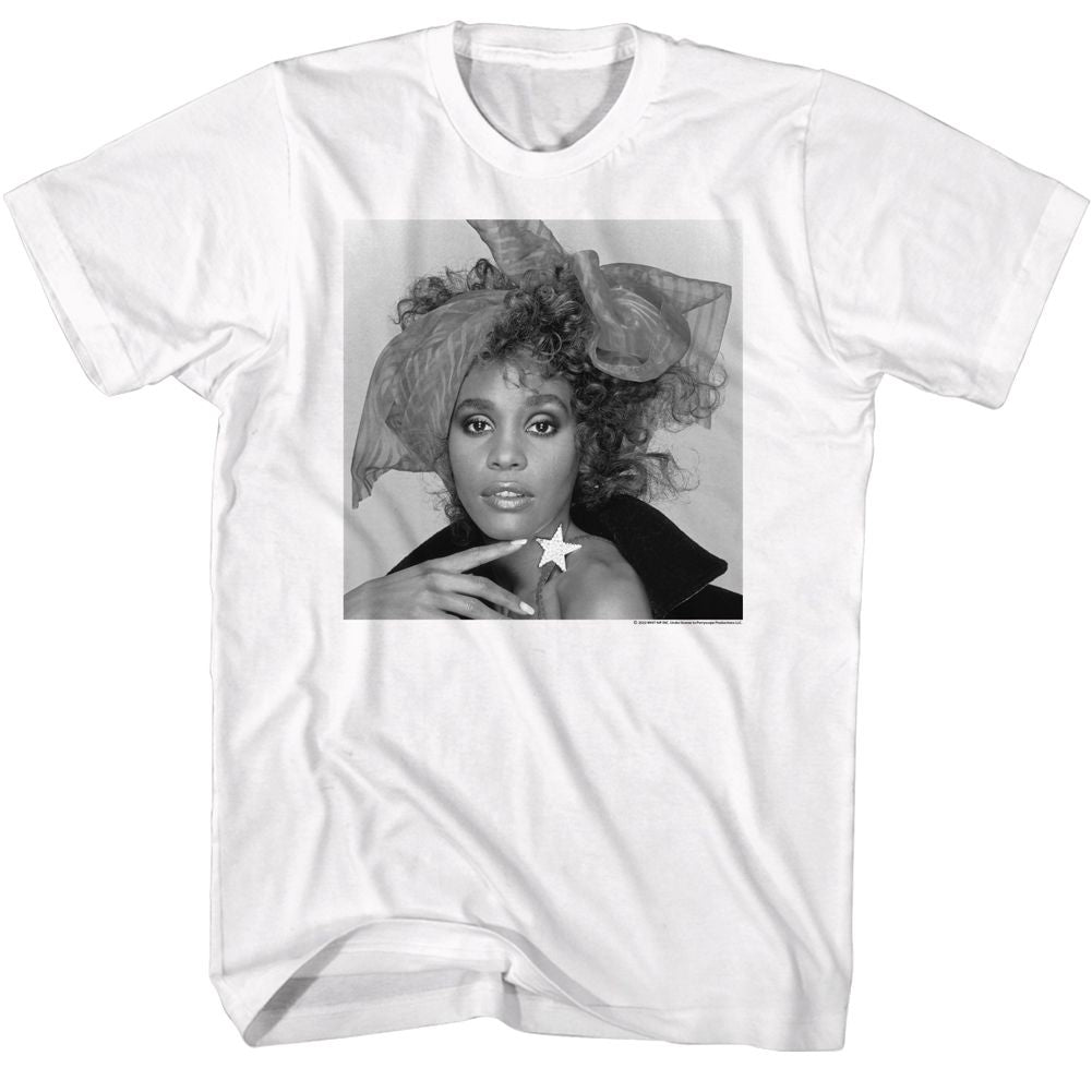 White Whitney Houston t-shirt featuring a Black and White Bow design
