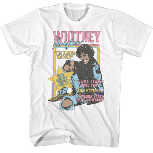 White Whitney Houston t-shirt featuring a One Night Only design