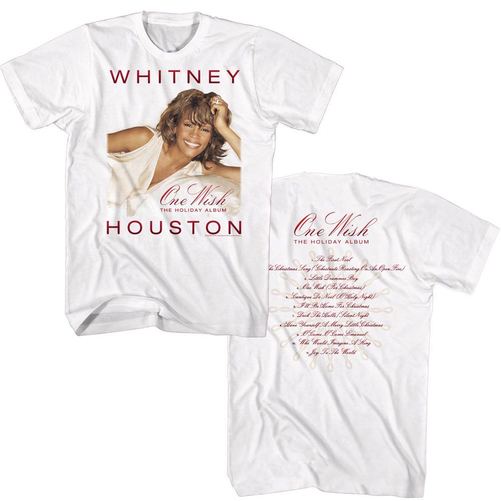 White Whitney Houston t-shirt featuring a One Wish Holiday design
