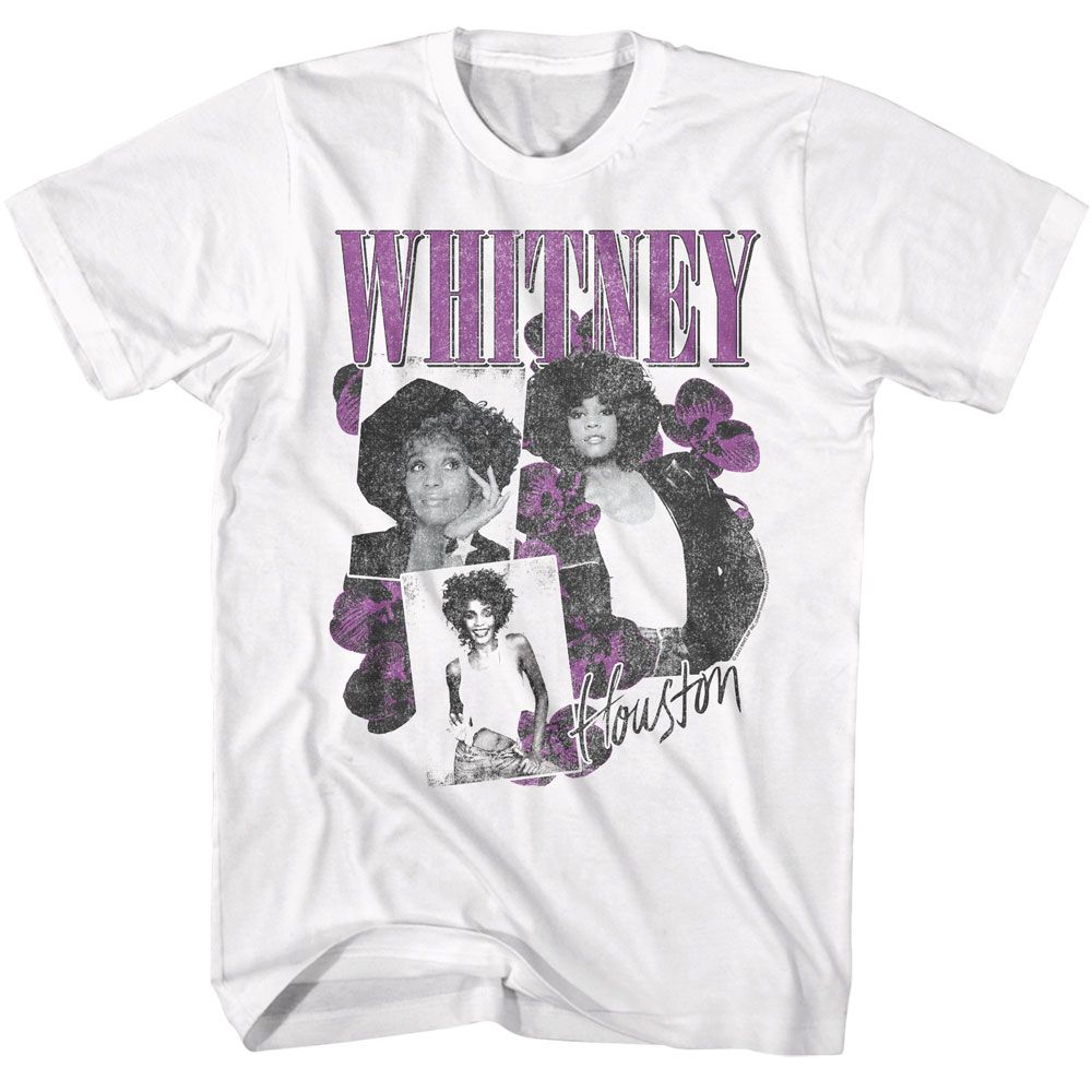 White Whitney Houston t-shirt featuring a Orchid Collage design