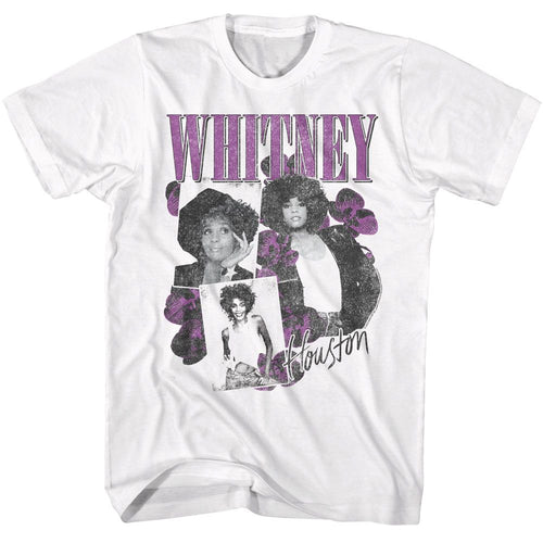 White Whitney Houston t-shirt featuring a Orchid Collage design