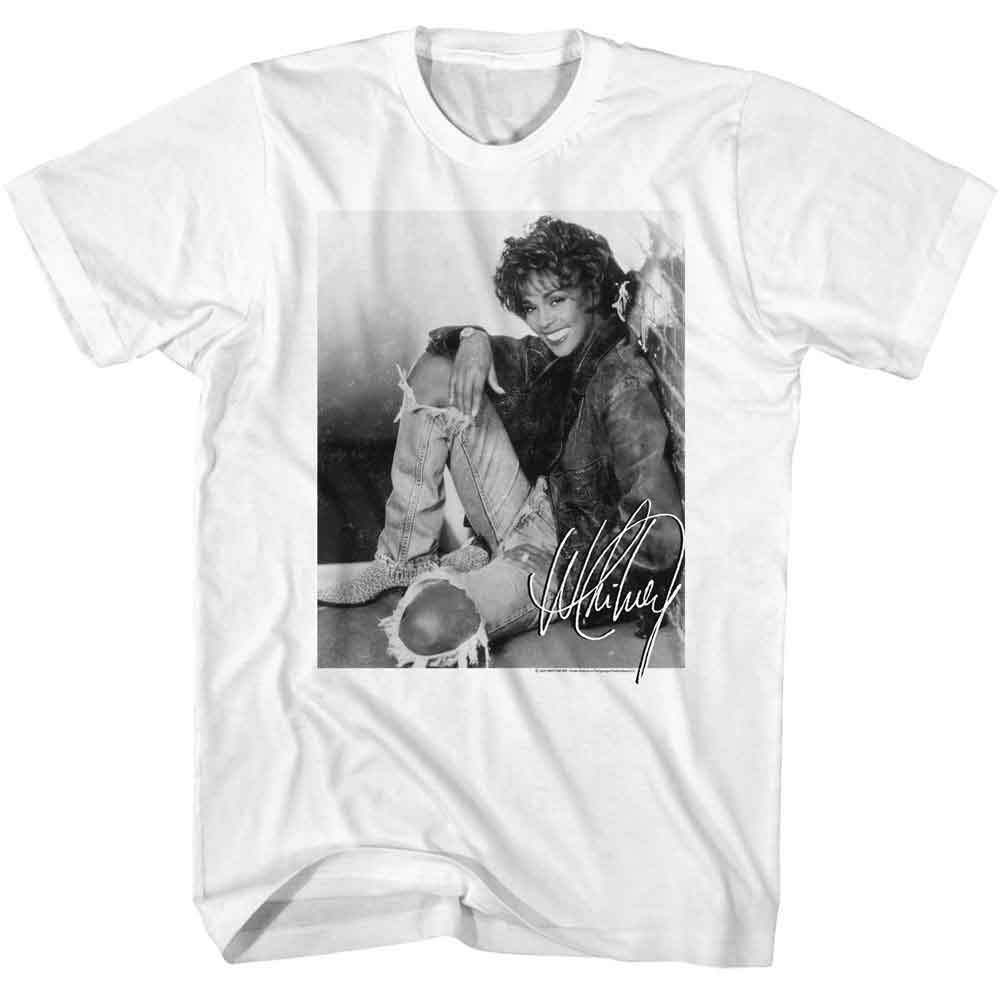 White Whitney Houston t-shirt featuring a Signed Name design