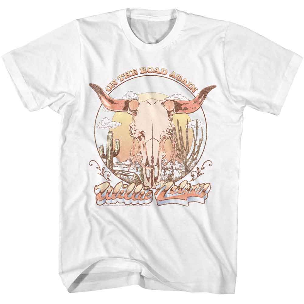White Willie Nelson t-shirt featuring a On the Road Again Skull design