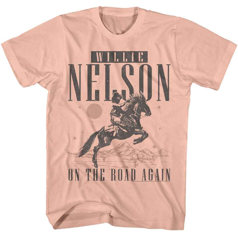Peach Willie Nelson t-shirt featuring a On the Road Again Cowboy design
