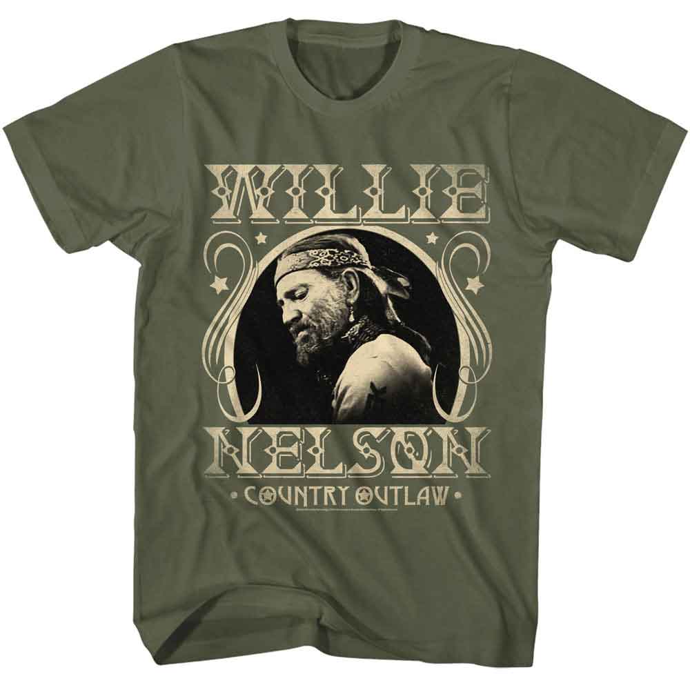 Military Green Willie Nelson t-shirt featuring a Country Outlaw design