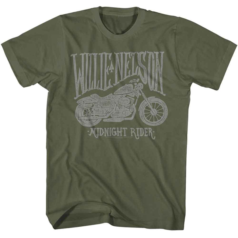 Military Green Willie Nelson t-shirt featuring a Midnight Rider design
