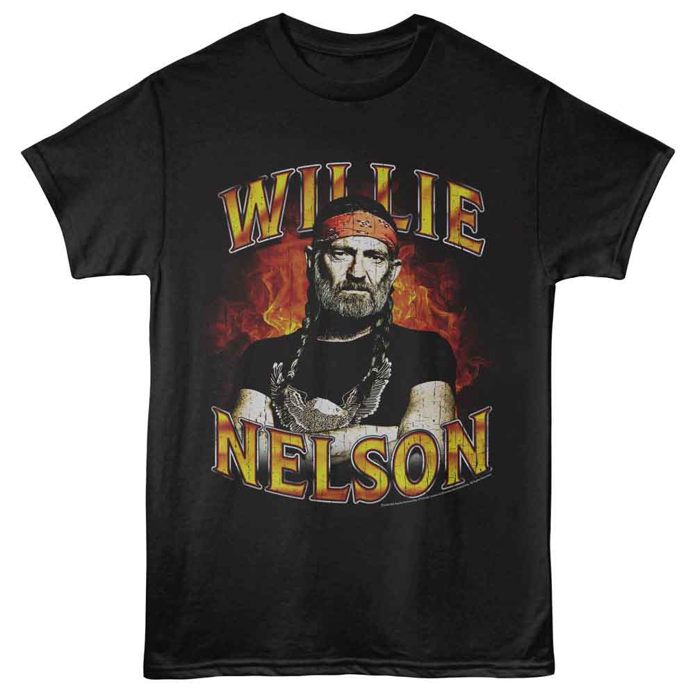 Black Willie Nelson t-shirt featuring a Flames design
