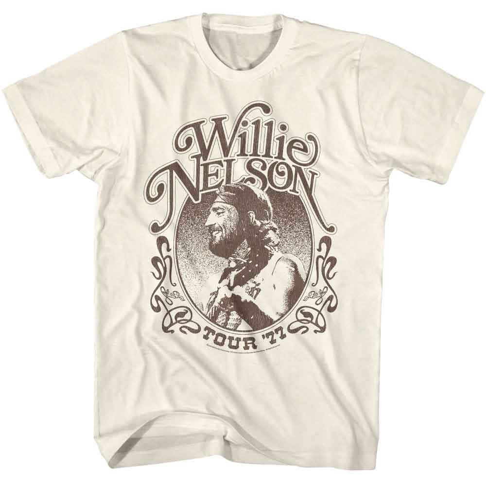 Natural Willie Nelson t-shirt featuring a Tour 1977 design