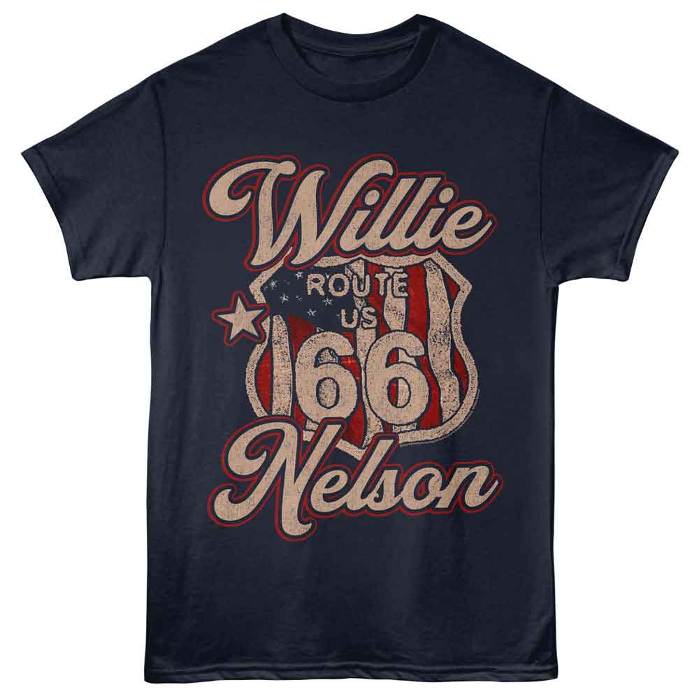 Navy Willie Nelson t-shirt featuring a Route 66 design