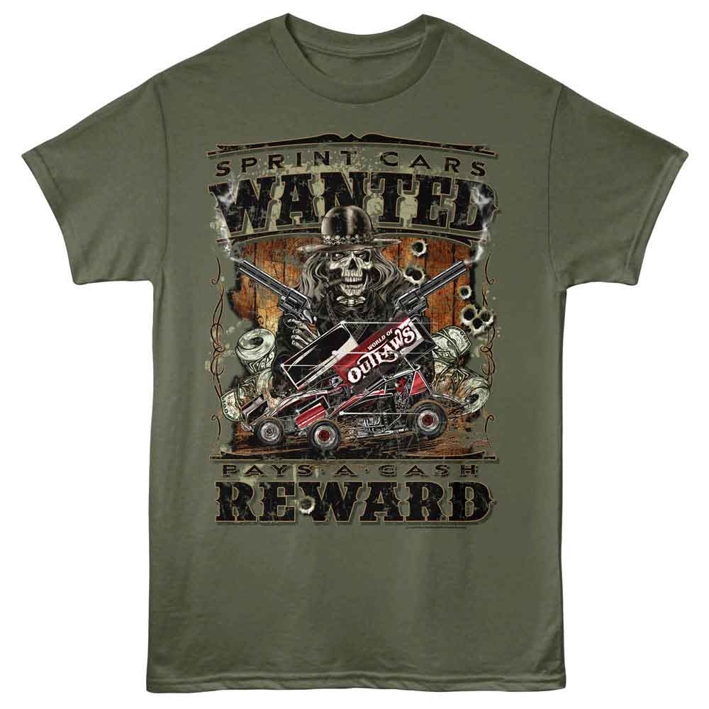 Military Green World of Outlaws t-shirt featuring a Wanted design