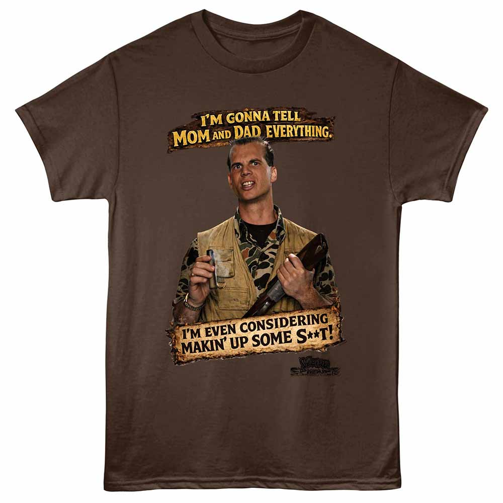 Dark chocolate brown Weird Science t-shirt featuring a I'm Gonna Tell design
