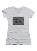 White Welcome Sign Juniors V-Neck T-Shirt